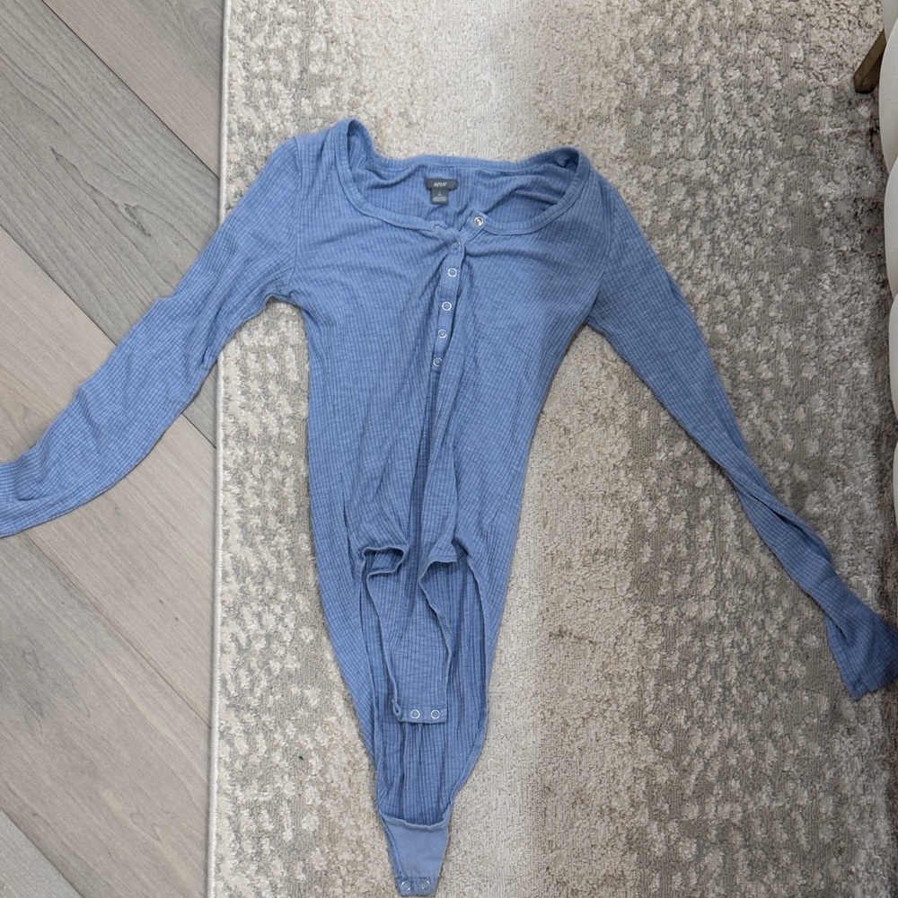 Aerie Ribbed Blue Button-Up Top